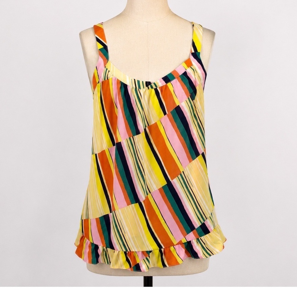CAbi Beachy Geometric Stripe Ruffle Hem Tank Top XS Boho Chic Vintage Look